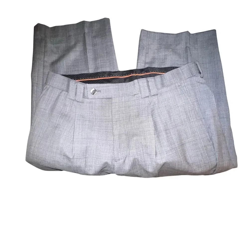 Alan Flusser men 32 micro houndstooth pleated wool linen cuffed dress pants flaw